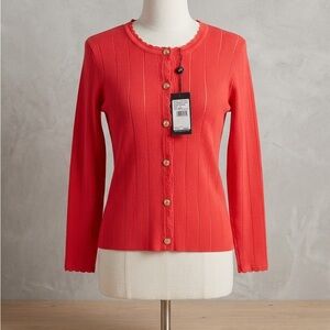 Adrianna Papell Cayenne Red Ribbed Button Cardigan with Gold Buttons